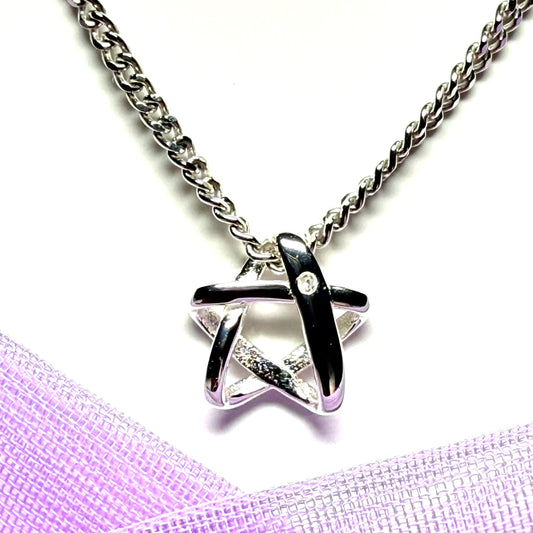 Real diamond set small star shaped open necklace pendant sterling silver