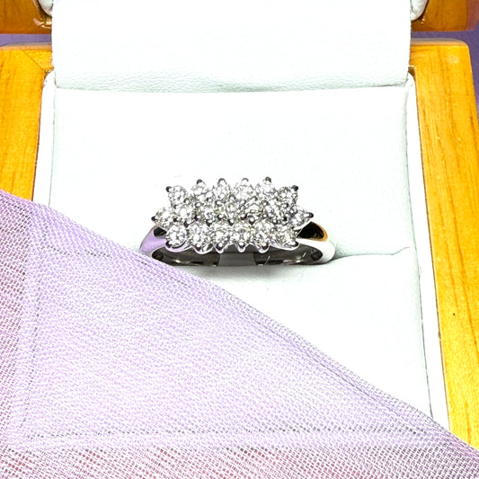 Real diamond three row cluster ring 18 carat white gold 77 points