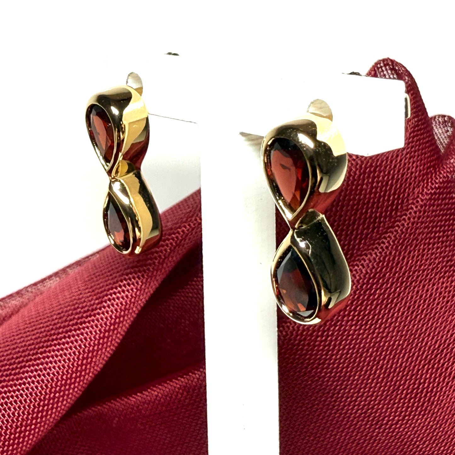 Double real pear cut red garnet stud dropped earrings sterling silver gilt gold plated
