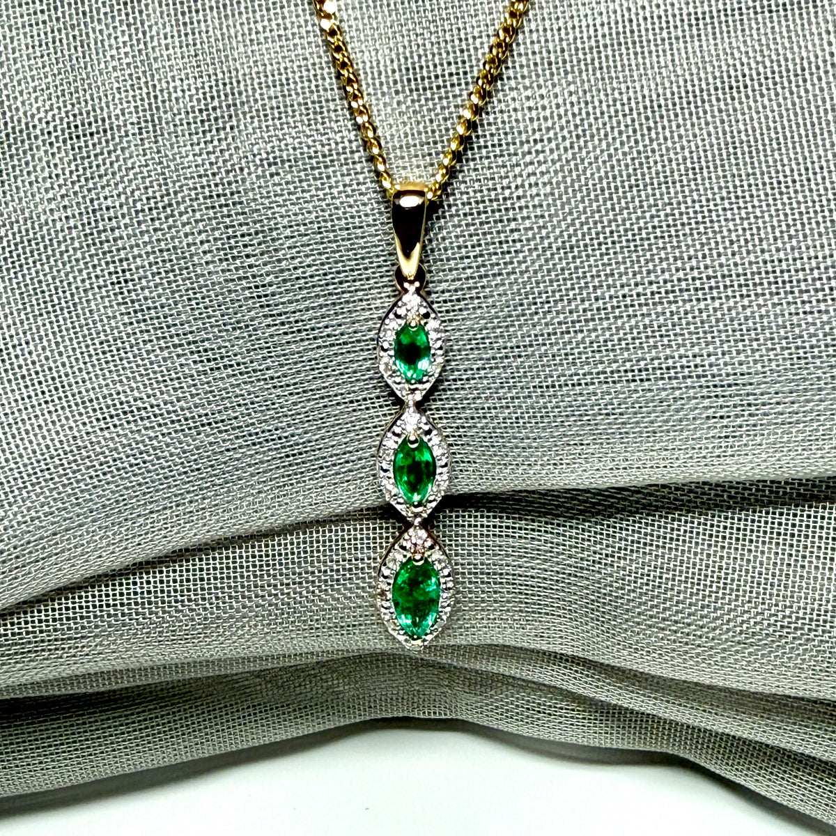 Real emerald and diamond necklace triple trilogy cluster pendant yellow gold