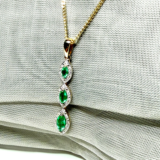 Real emerald and diamond necklace triple trilogy cluster pendant yellow gold