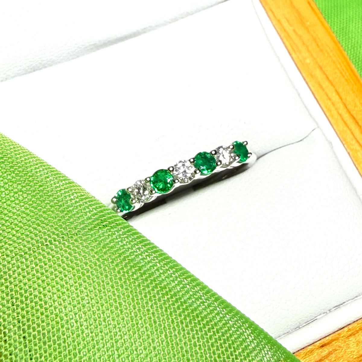 Real emerald diamond white gold eternity ring claw setting seven stone