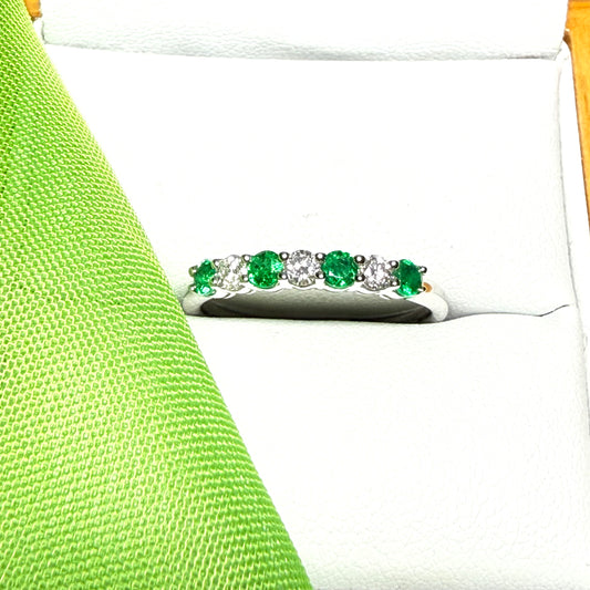 Real emerald diamond white gold eternity ring claw setting seven stone