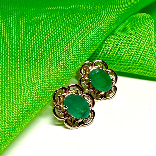 Real emerald earrings oval fancy stud filigree design