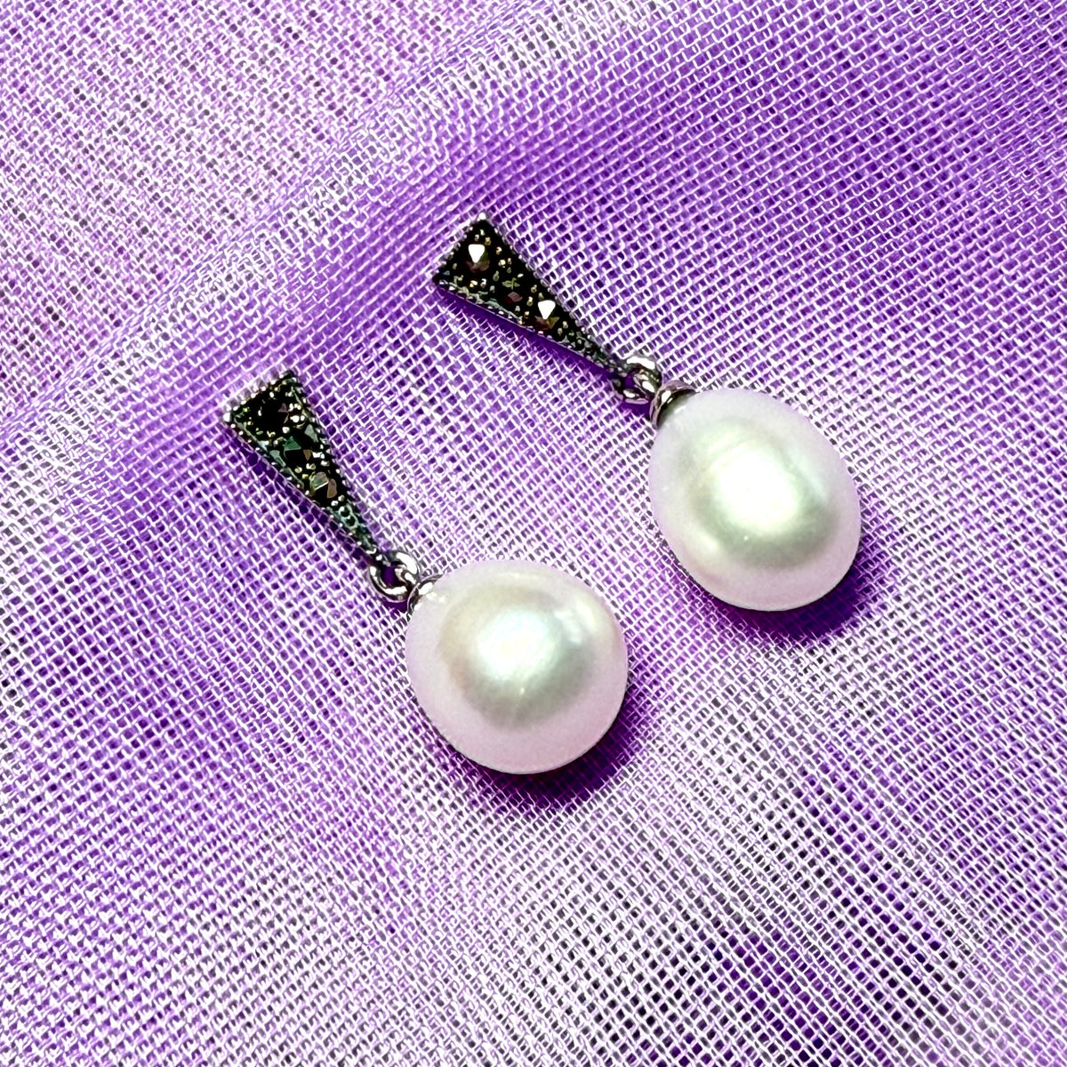 Real freshwater cultured pearl and marcasite drop earrings