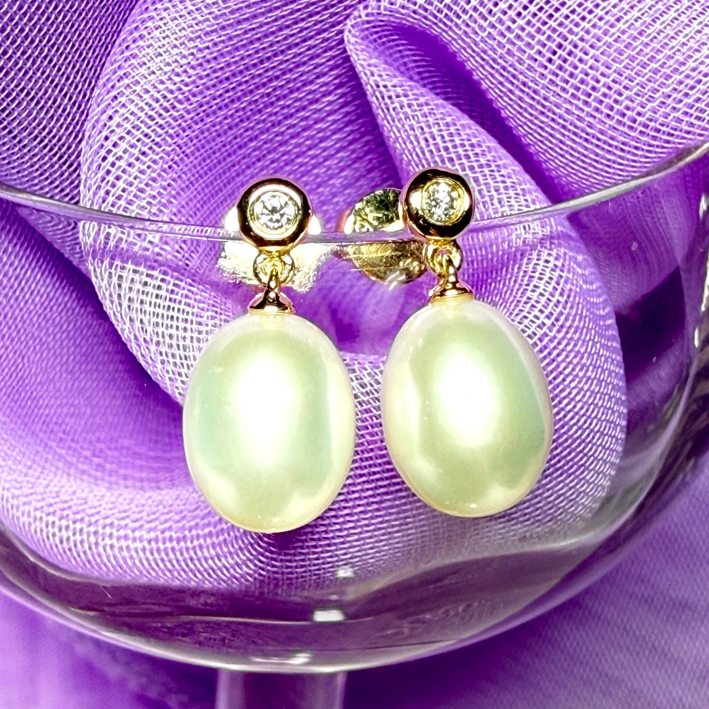 Real freshwater cultured pearl and real diamond yellow gold oval drop earrings