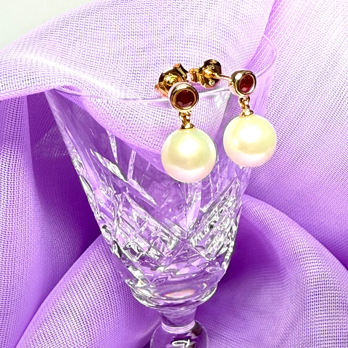 Real freshwater cultured pearl and real ruby round drop earrings sterling silver with yellow gold plating