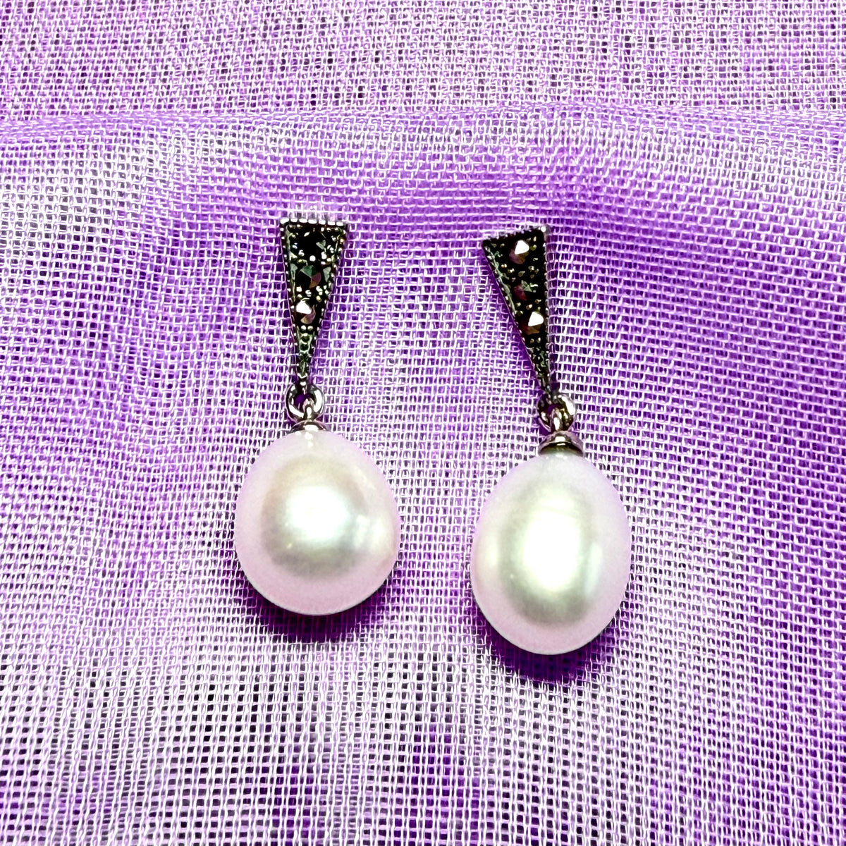 Real freshwater cultured pearl and marcasite drop earrings