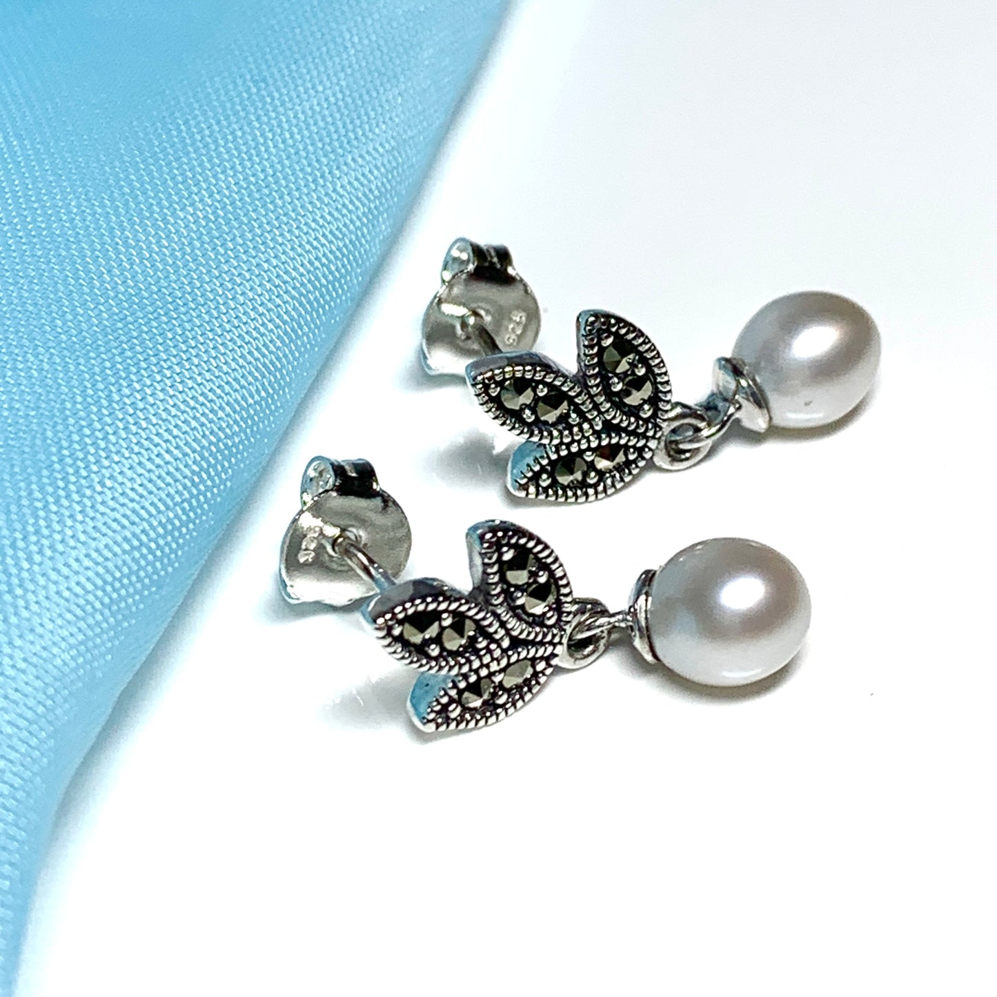 Real freshwater cultured pearl and marcasite leaf fancy drop earrings