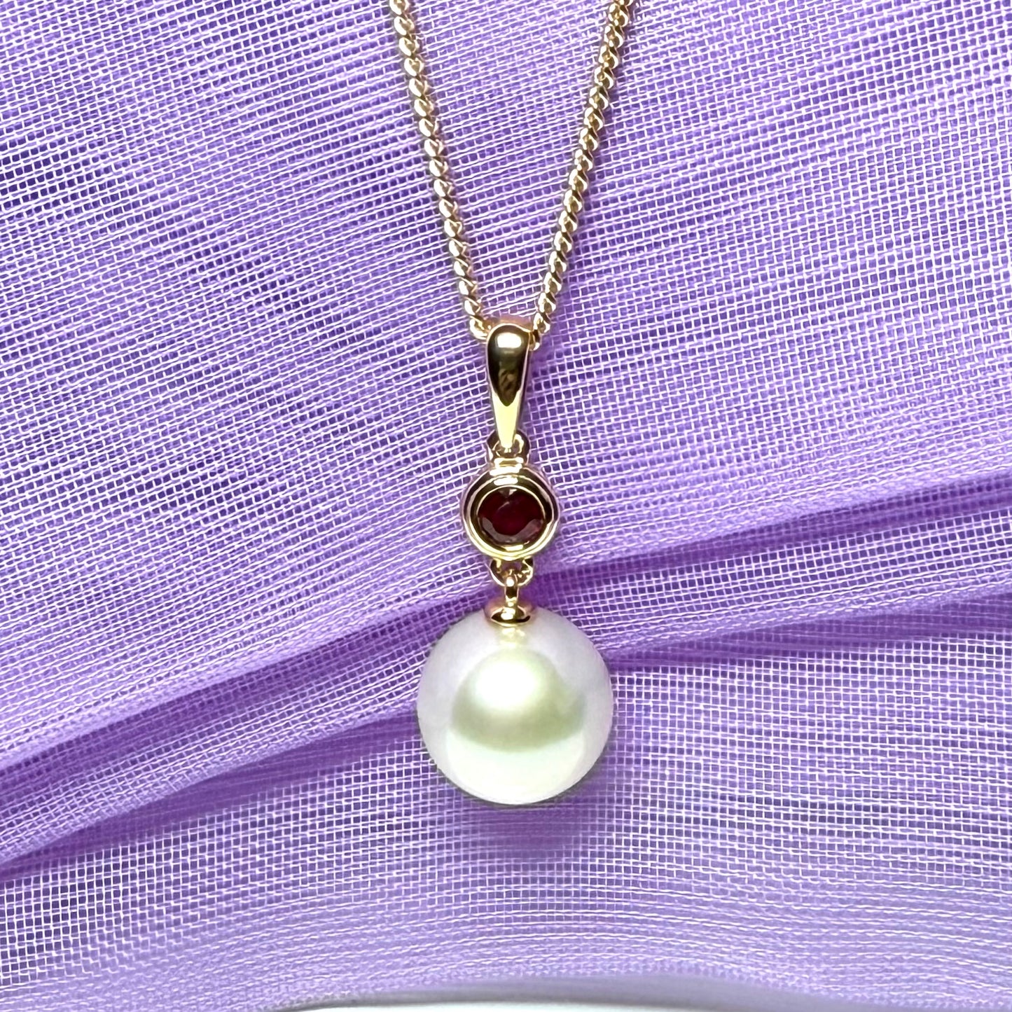 Real freshwater cultured pearl necklace and real ruby round drop pendant sterling silver with yellow gold plated