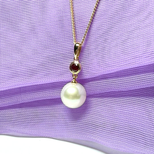 Real freshwater cultured pearl necklace and real ruby round drop pendant sterling silver with yellow gold plated