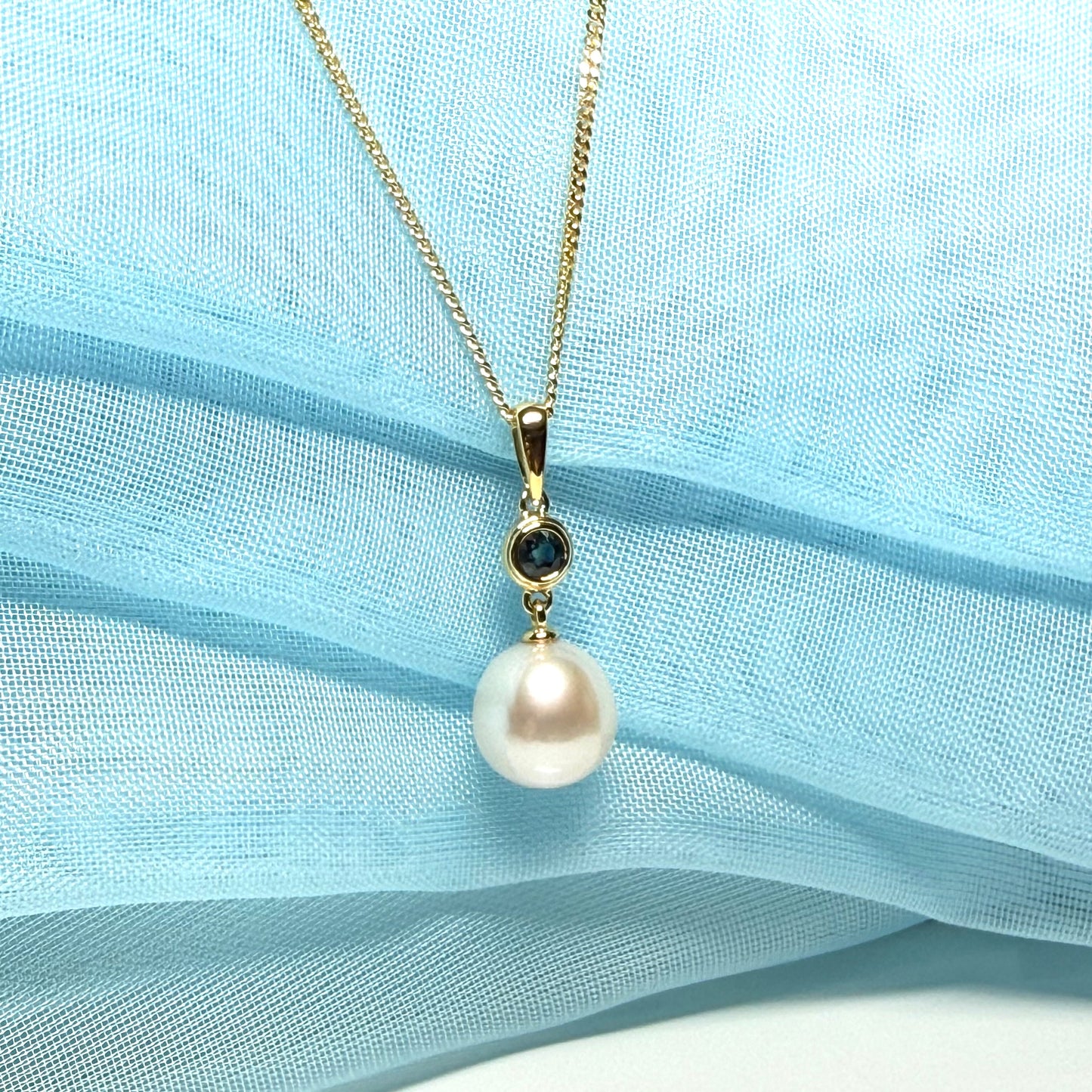 Real freshwater cultured pearl necklace and real sapphire round drop pendant sterling silver with yellow gold plating