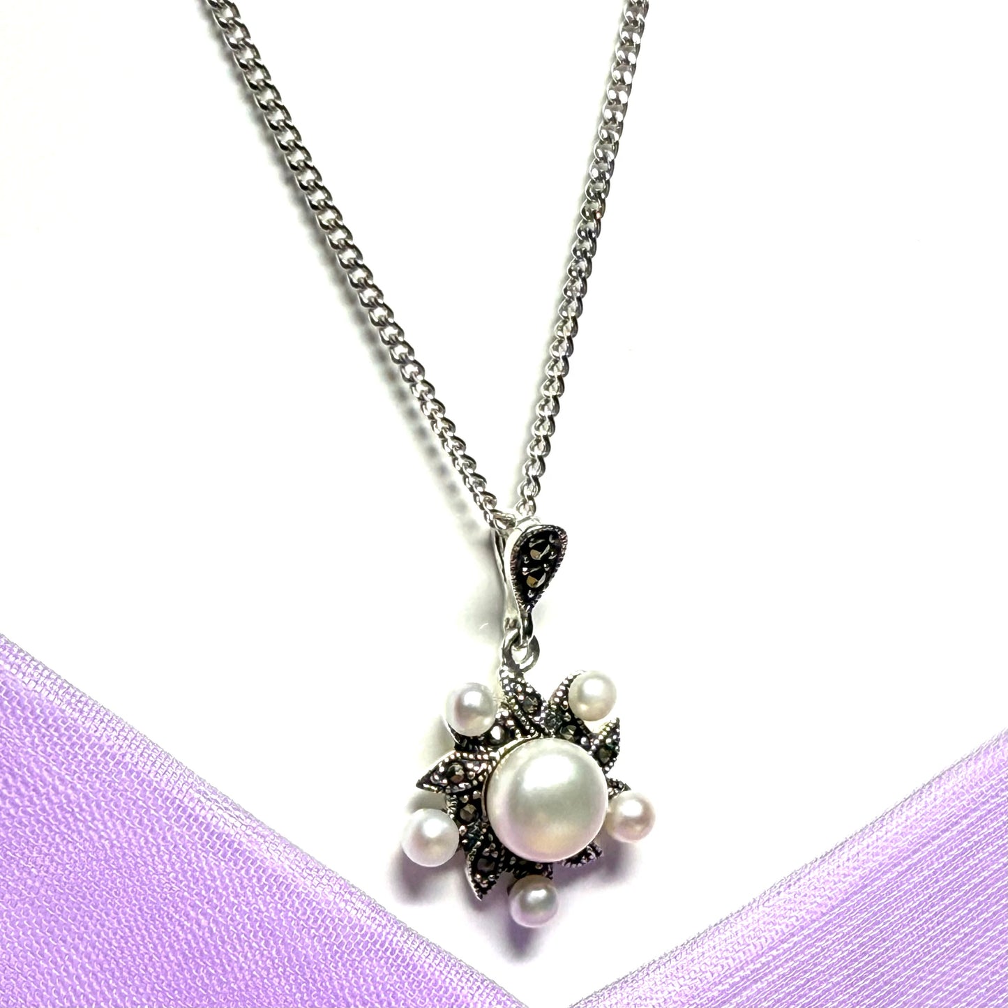 Real freshwater cultured pearl pendant with marcasite sterling silver flower necklace