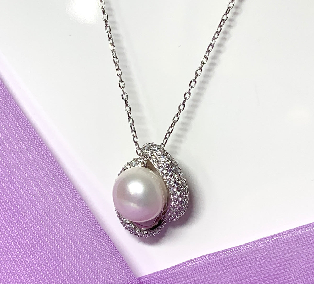 Real freshwater cultured pearl sterling silver round fancy swirl necklace cubic zirconia