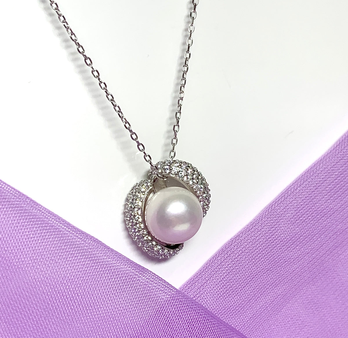 Real freshwater cultured pearl sterling silver round fancy swirl necklace cubic zirconia