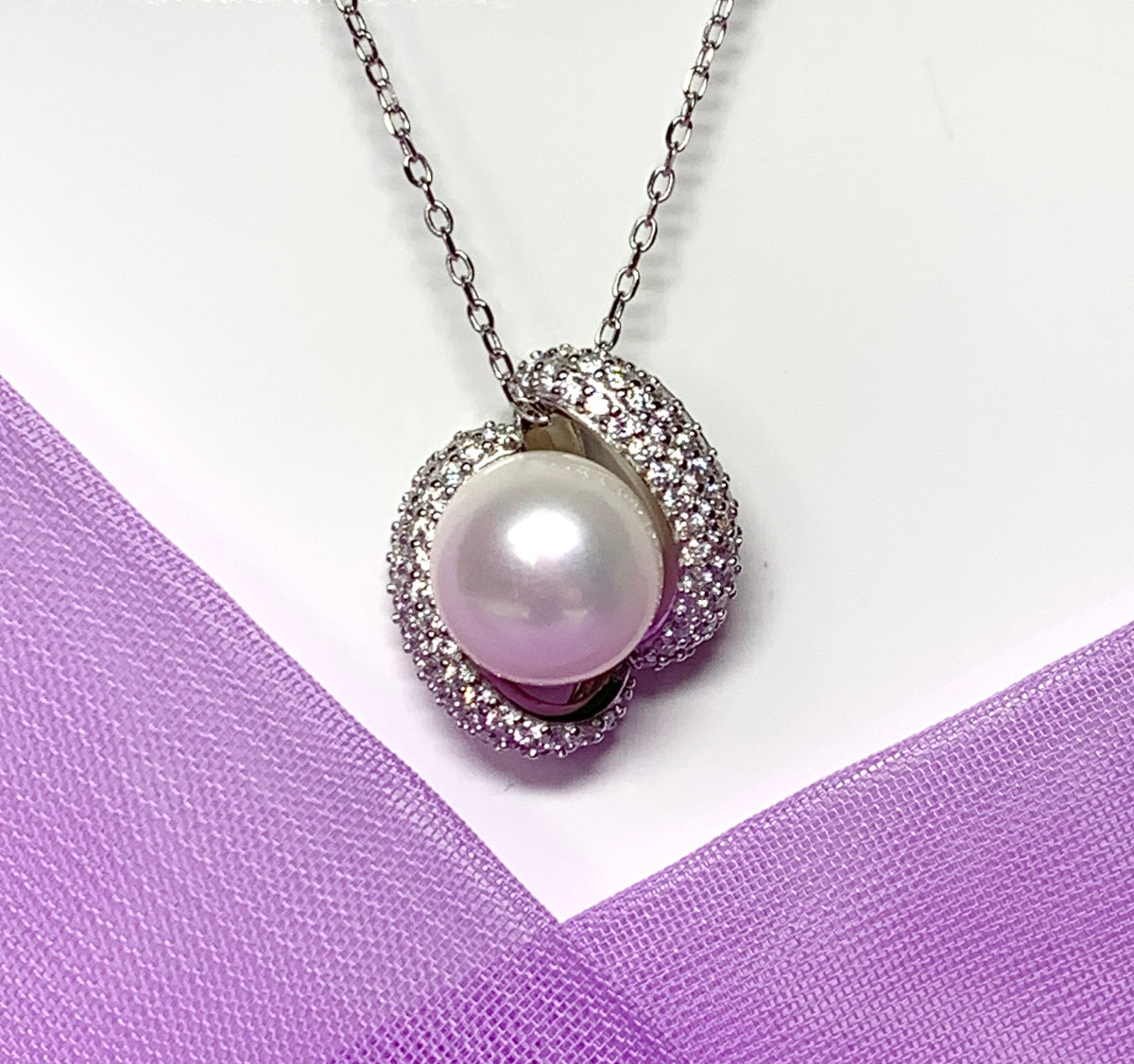 Real freshwater cultured pearl sterling silver round fancy swirl necklace cubic zirconia