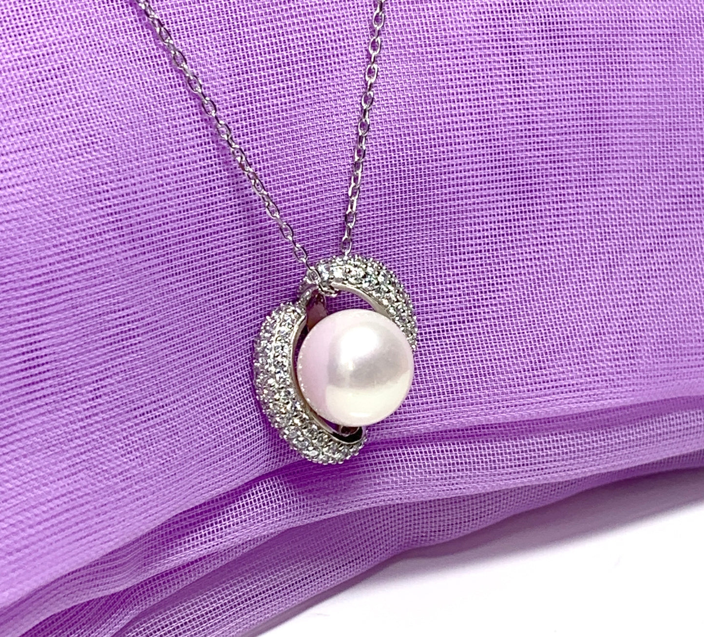 Real freshwater cultured pearl sterling silver round fancy swirl necklace cubic zirconia