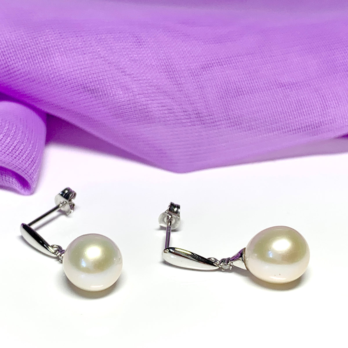 Real freshwater cultured pearl and real diamond white gold oval drop earrings