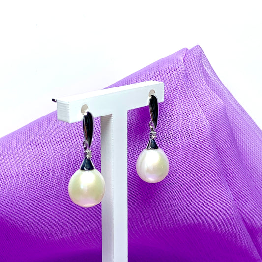 Real freshwater cultured pearl and real diamond white gold oval drop earrings