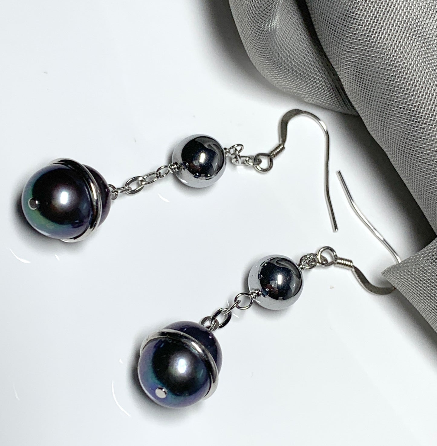 Real freshwater grey black pearl sterling silver drop earrings