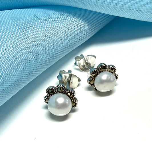 Real freshwater pearl and marcasite stud earrings round flower daisy sterling silver