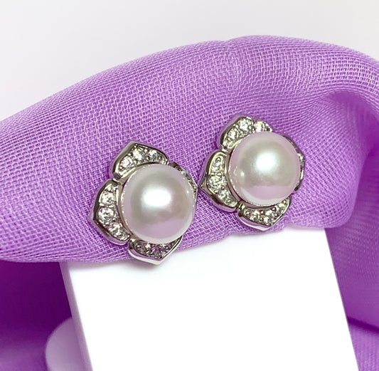 Real freshwater pearl flower petal sterling silver square stud earrings