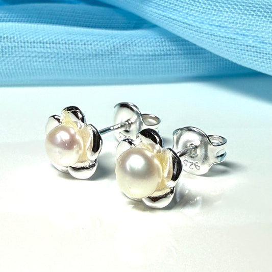Real freshwater pearl flower sterling silver petal stud earrings