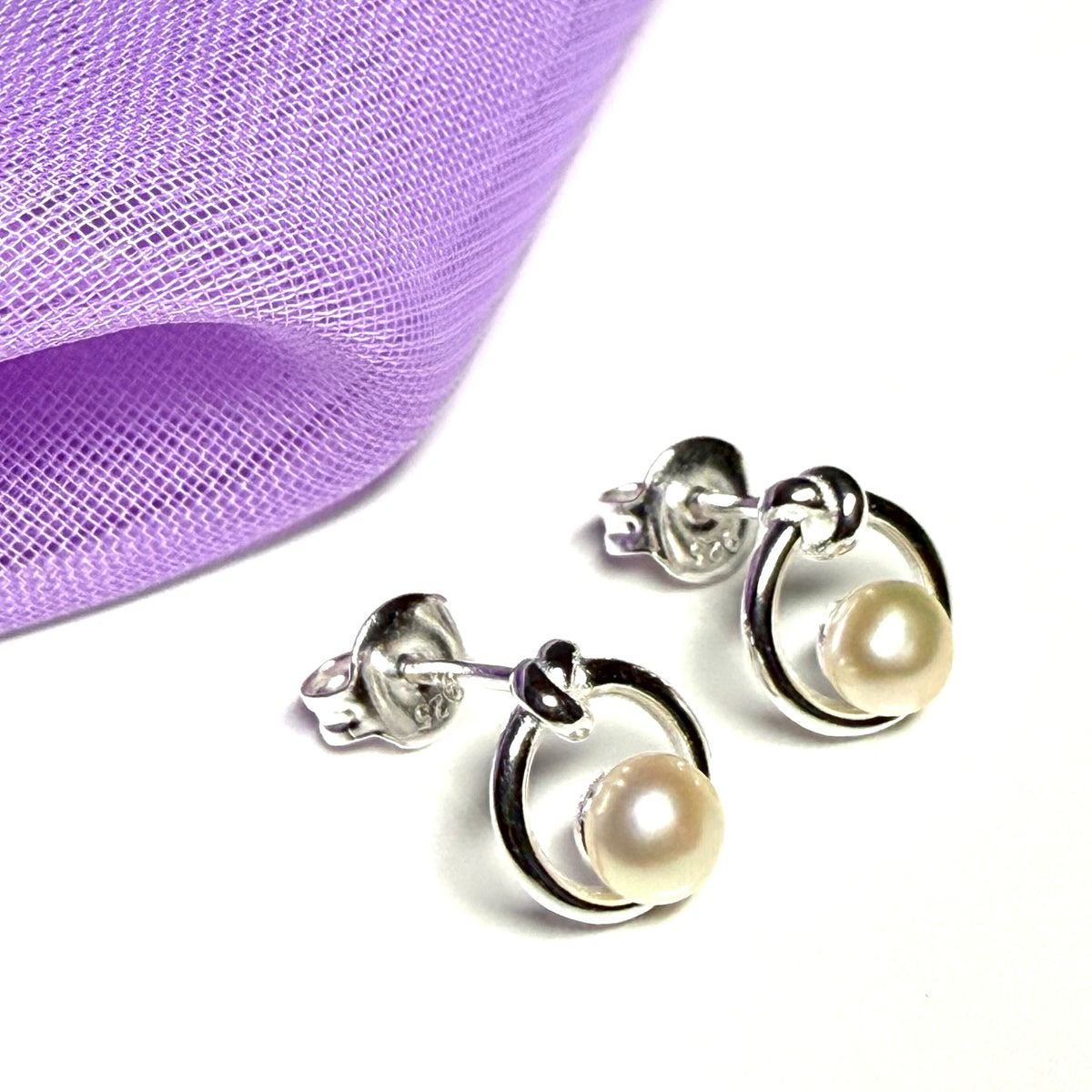 Real freshwater round knot circle sterling silver stud earrings