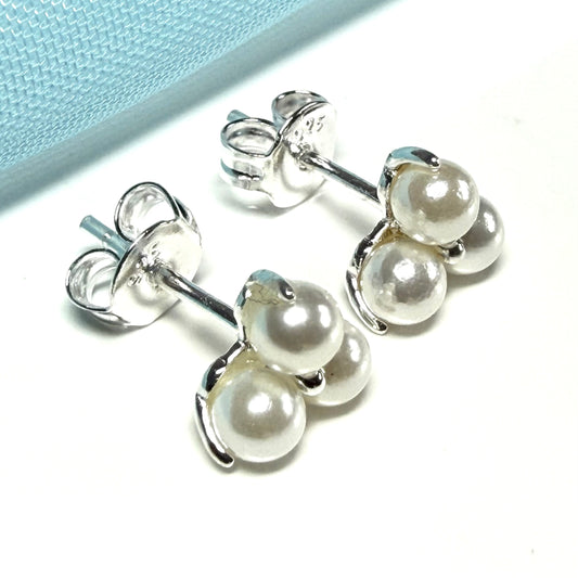 Real freshwater triple pearl stud earrings sterling silver