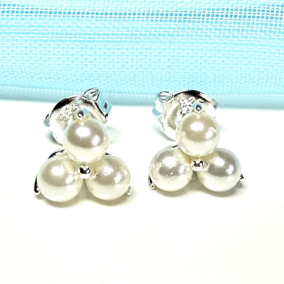 Real freshwater triple pearl stud earrings sterling silver