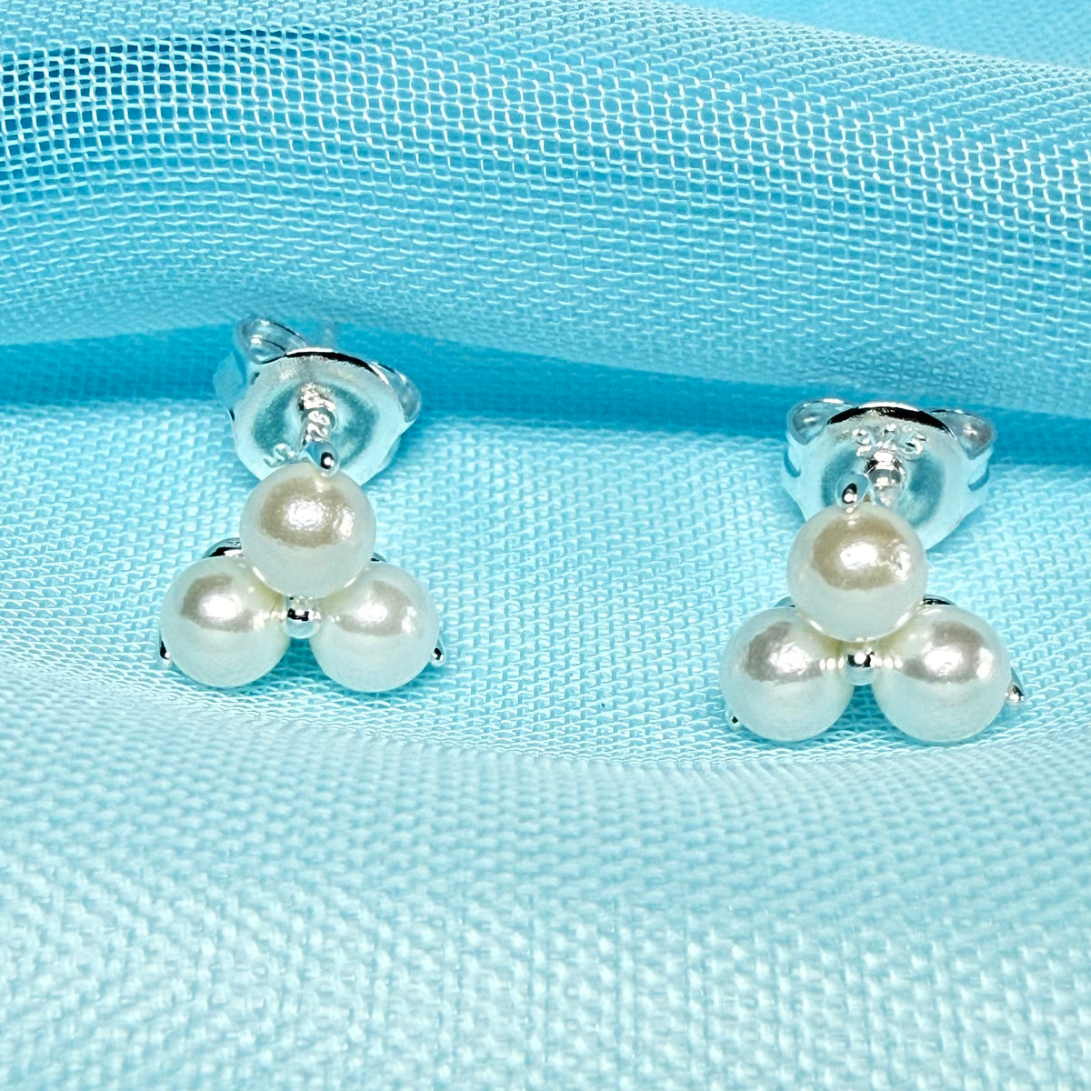 Real freshwater triple pearl stud earrings sterling silver
