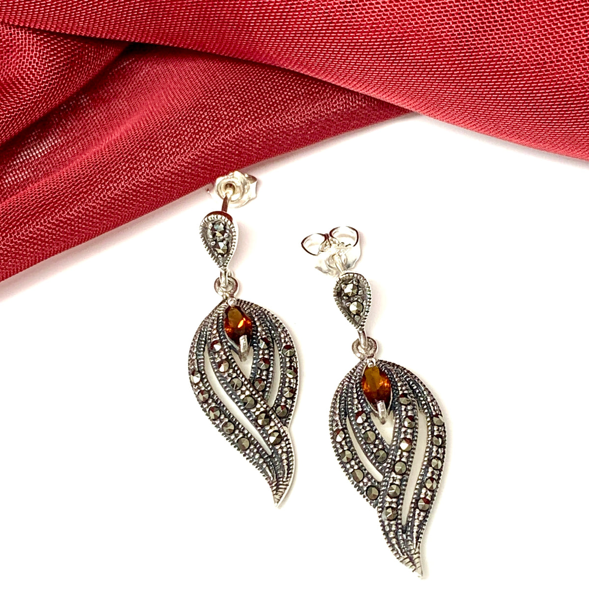 Real garnet and marcasite drop earrings sterling silver
