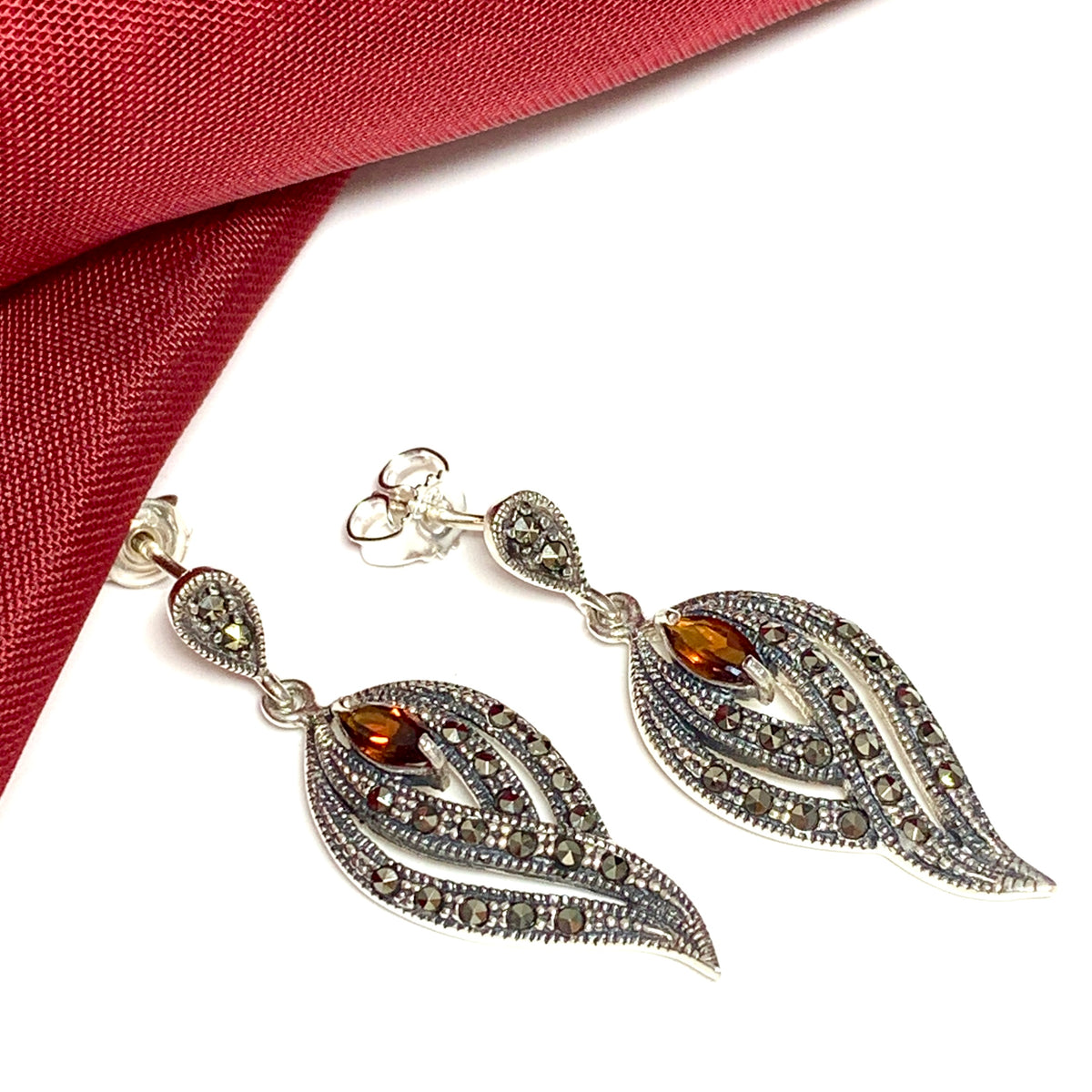 Real garnet and marcasite drop earrings sterling silver