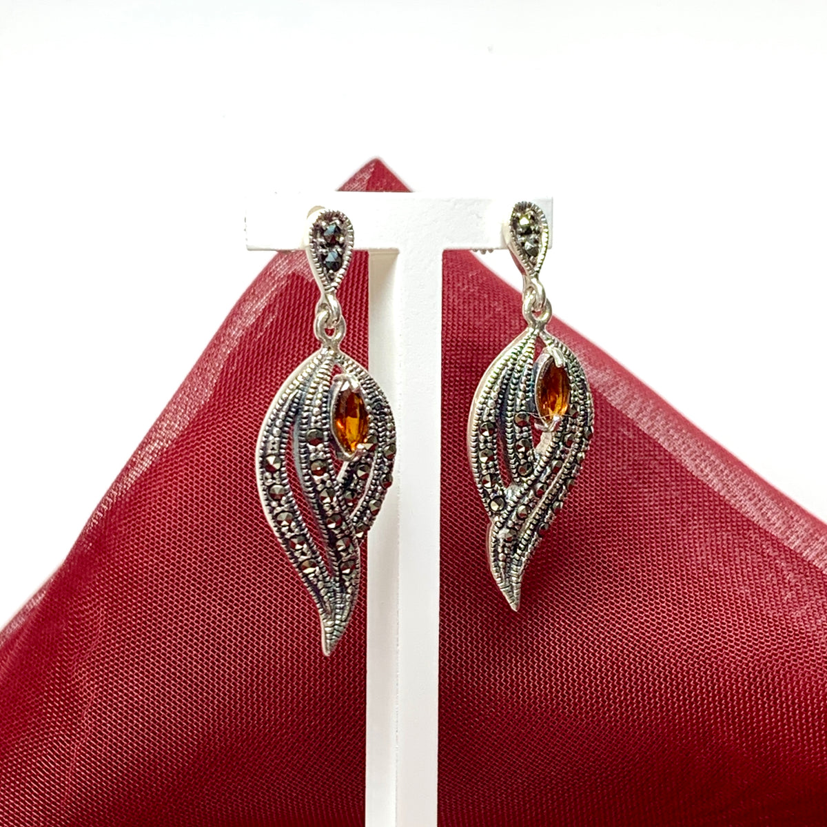 Real garnet and marcasite drop earrings sterling silver