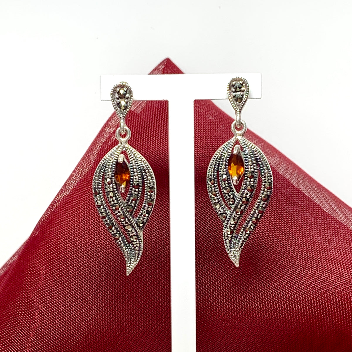 Real garnet and marcasite drop earrings sterling silver