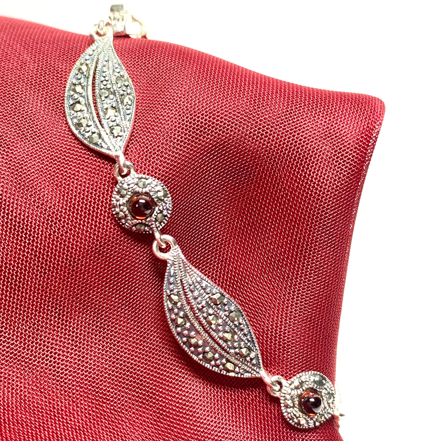 Real garnet and marcasite leaf designed sterling silver bracelet