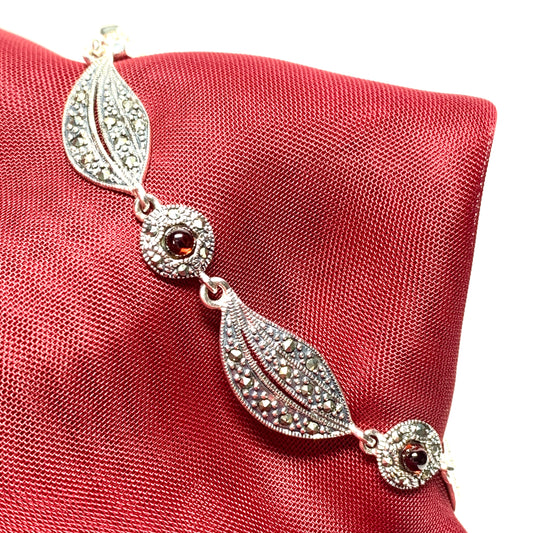 Real garnet and marcasite leaf designed sterling silver bracelet
