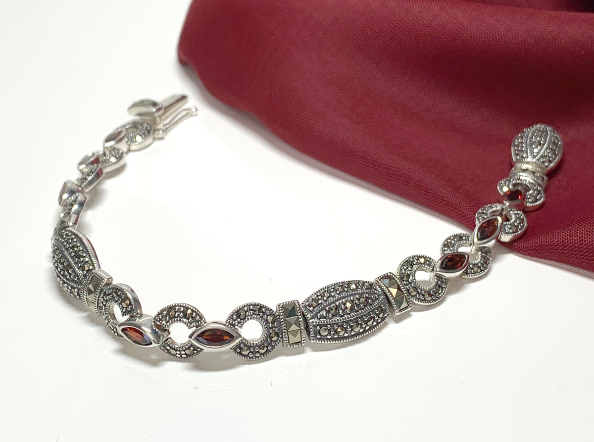 Real garnet and marcasite sterling silver bracelet
