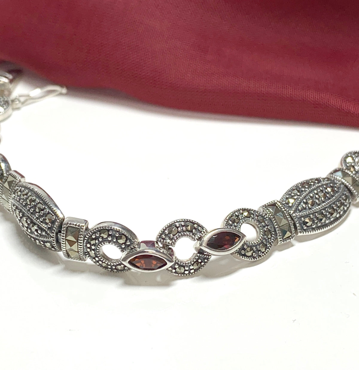 Real garnet and marcasite sterling silver bracelet