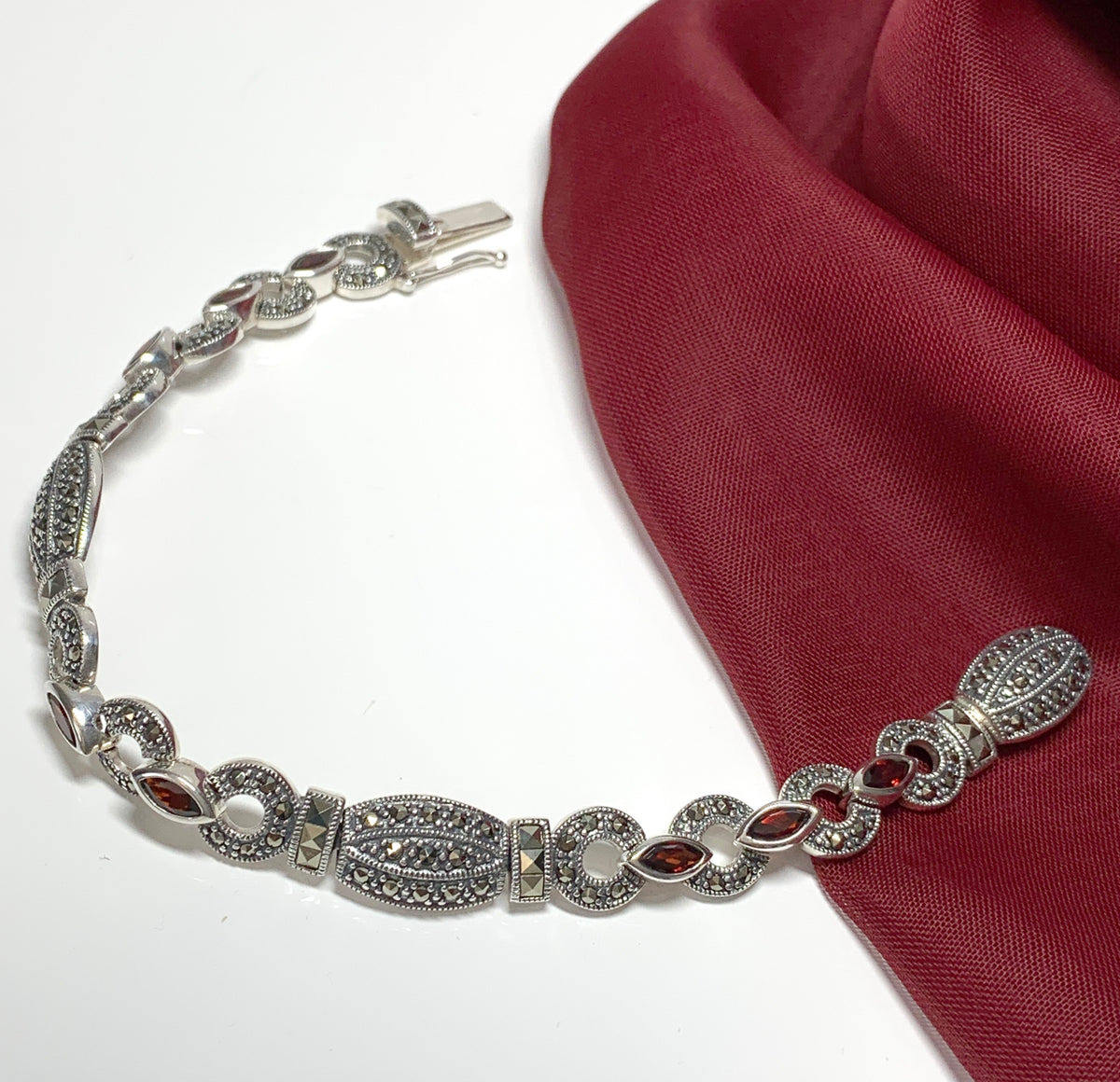 Real garnet and marcasite sterling silver bracelet