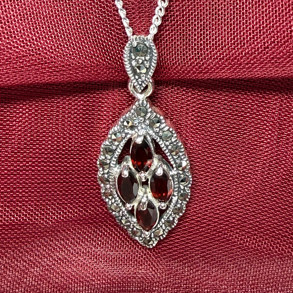 Real garnet and marcasite sterling silver red brown marquise shaped necklace