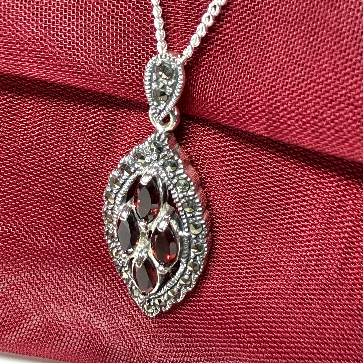Real garnet and marcasite sterling silver red brown marquise shaped necklace