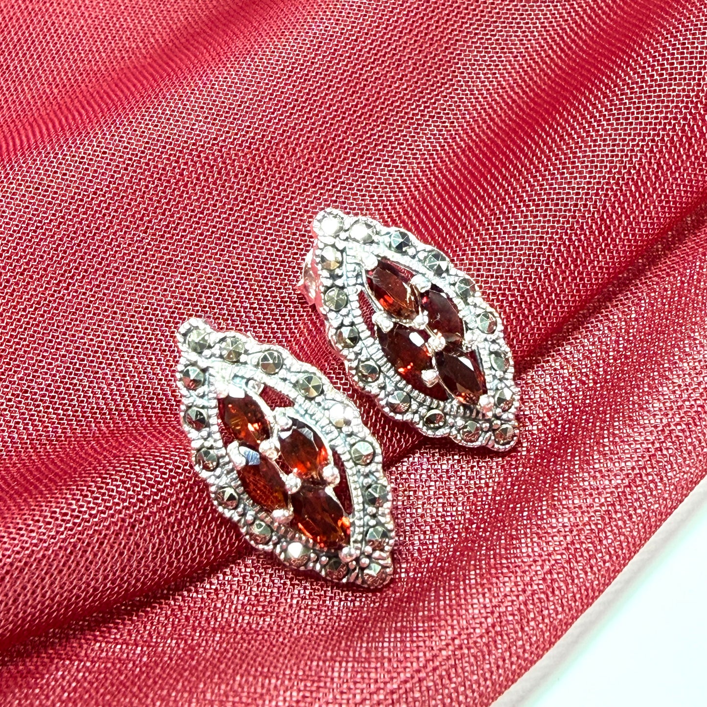Real garnet and marcasite stud earrings dropped sterling silver red brown marquise shaped