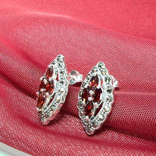 Real garnet and marcasite stud earrings dropped sterling silver red brown marquise shaped