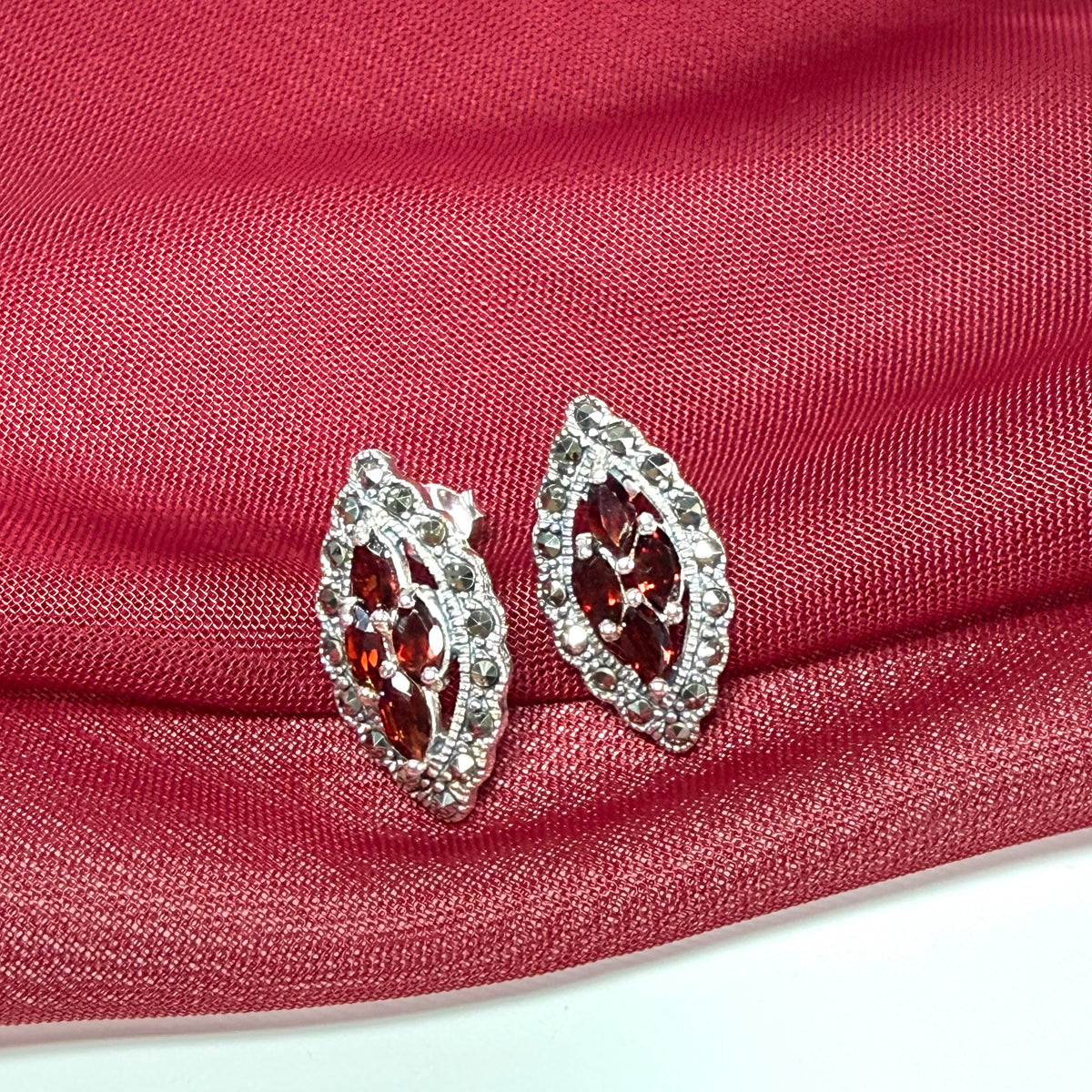 Real garnet and marcasite stud earrings dropped sterling silver red brown marquise shaped