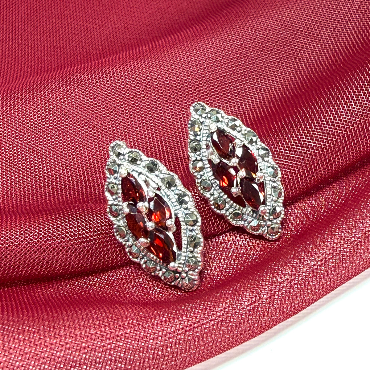 Real garnet and marcasite stud earrings dropped sterling silver red brown marquise shaped