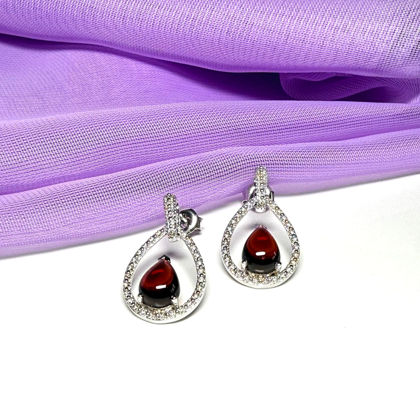Real garnet drop earrings and real cubic zirconia open pierced sterling silver