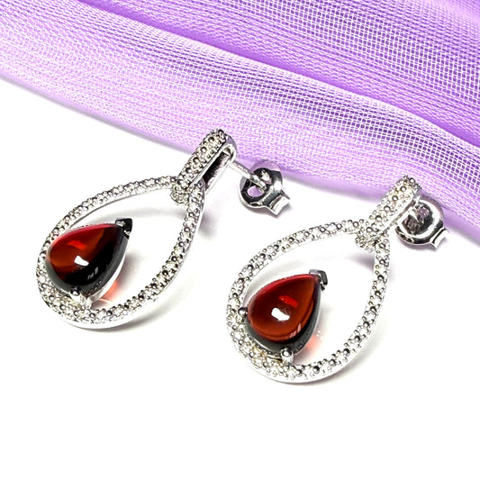 Real garnet drop earrings and real cubic zirconia open pierced sterling silver