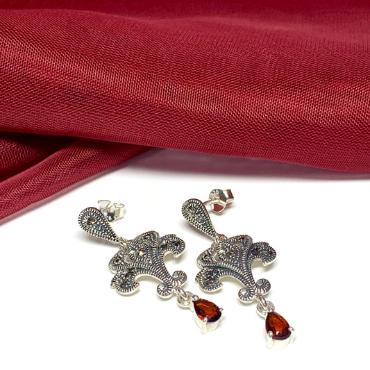 Real garnet fancy drop earrings and real marcasite crafted in sterling silver