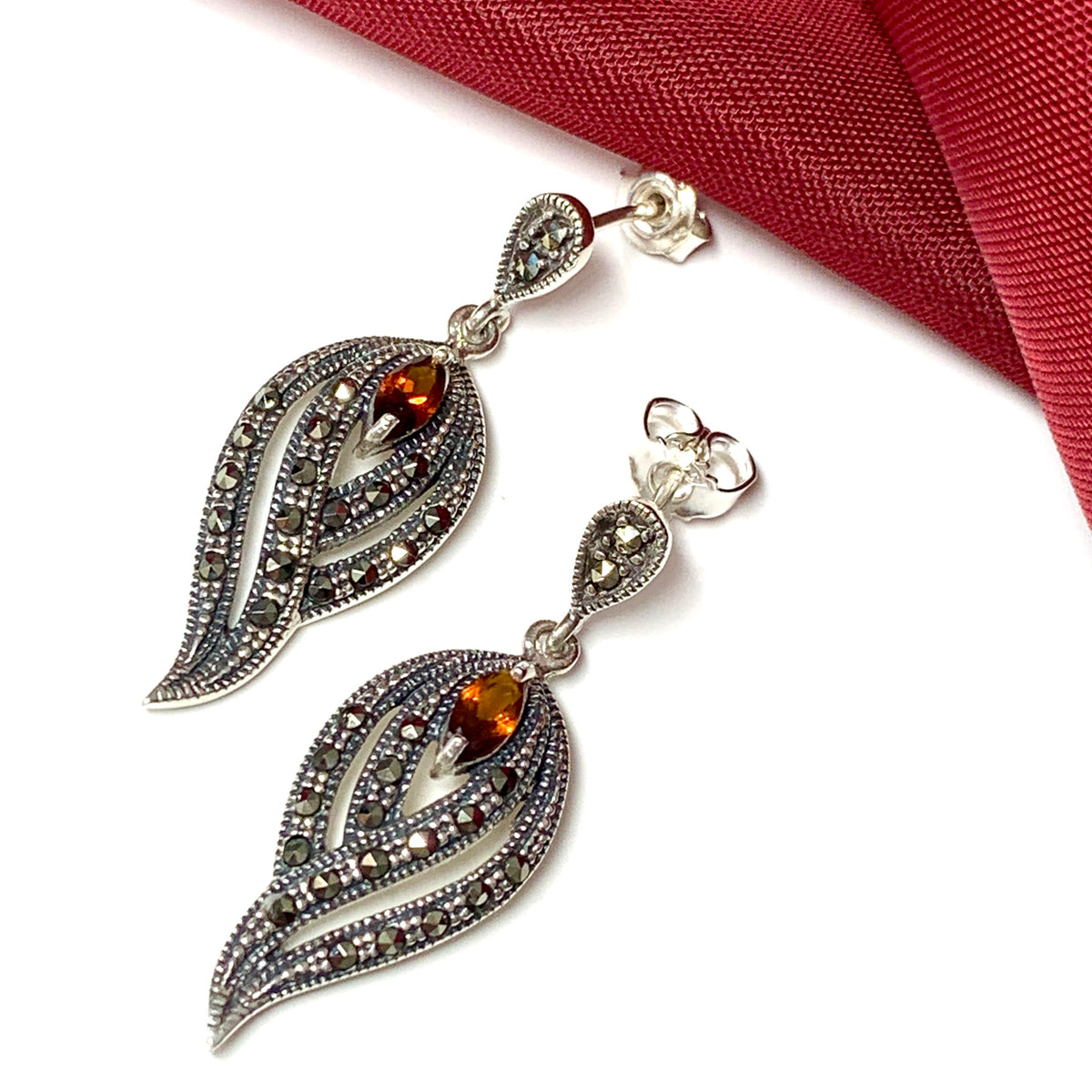 Real garnet and marcasite drop earrings sterling silver